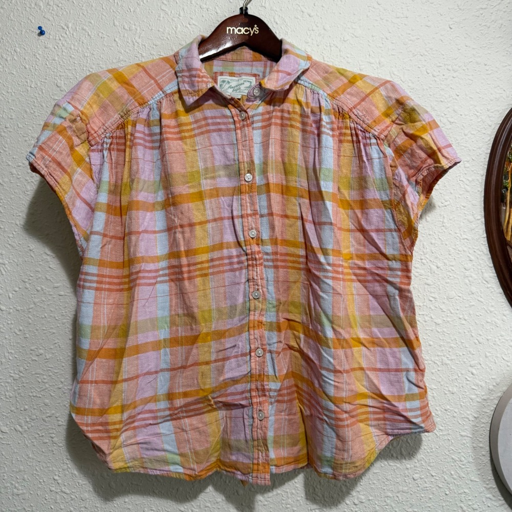 American Eagle women's linen blend Plaid Button Down Short‎ Sleeve Top M Pastel